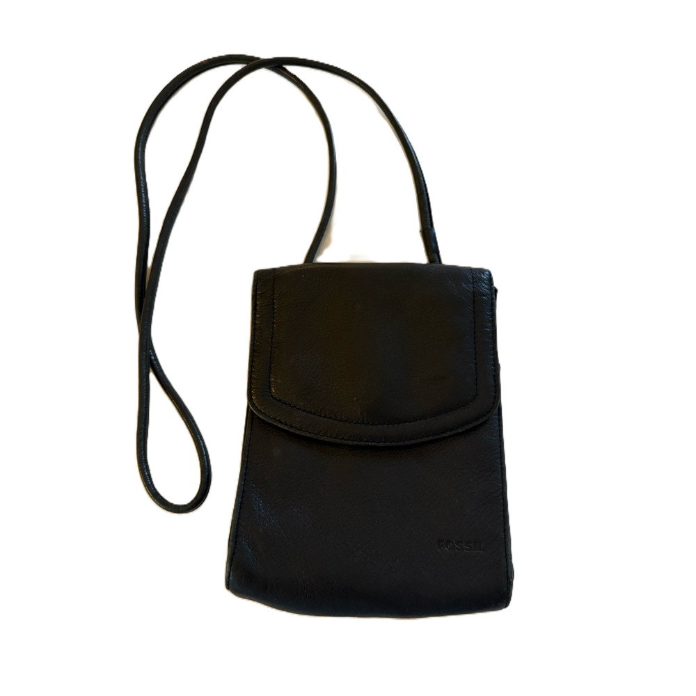 Fossil Crossbody Purse Black Leather Purse Small Pockets Zip Inside Snap Close